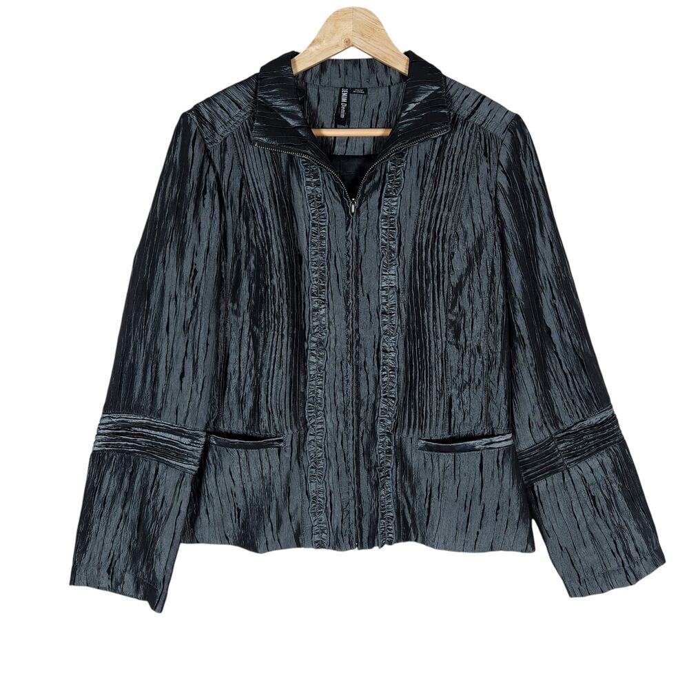 Zenim Denim Womens Metallic Crinkle Small Jacket Edgy Luxury City Chic Statement